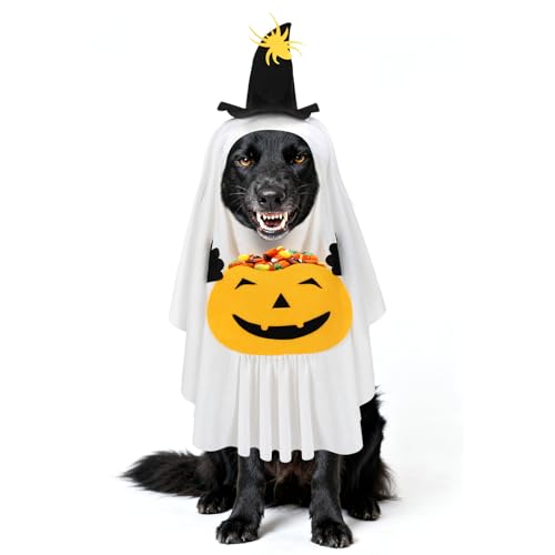 Halloween-Kostüm für Hunde mit Kürbistasche – sicher fixiertes weißes Geisterkostüm mit Klettband, lustiger Umhang für mittelgroße Hunde, Süßes oder Saures, Cosplay-Party Halloween-Kostüm für Hunde mit Kürbistasche – sicher fixiertes weißes Geisterkostüm mit Klettband, lustiger Umhang für mittelgroße Hunde, Süßes oder Saures, Cosplay-Party von MEWTOGO