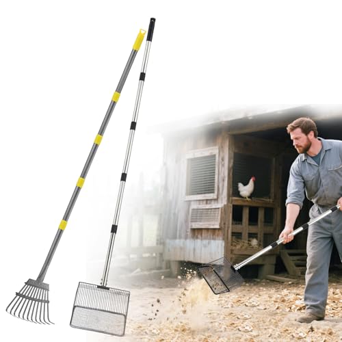 Hühnerkotschaufel und Rechen – 25,4 cm breite Schaufel (91,4 cm lang verstellbar) & 11 Zähne Hühnerstallrechen (91,4 - 180,9 cm lang verstellbar), Hühnerstallzubehör für effiziente Reinigung von MEWTOGO