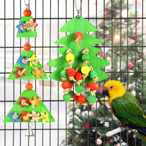 MEWTOGO 2 Stück Vogel-Spielzeug, Weihnachten Papageien Spielzeug Geschenk, Natürliche Holz Papageien Kauspielzeug mit Glocke Bunte essbare Perlen für Nymphensittiche Sittiche Sittiche Sittiche Aras von MEWTOGO