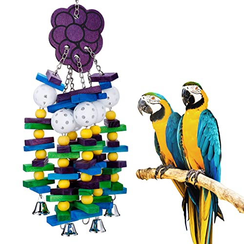 MEWTOGO Großes Vogel-Papageienspielzeug mit Glöckchen,Papageienkäfig-Kauspielzeug mit bunten Holzblöcken-Perlen, Spielzeug für Kakadus, afrikanische graue Aras und Amazonaspapageien (Traubenstil) von MEWTOGO