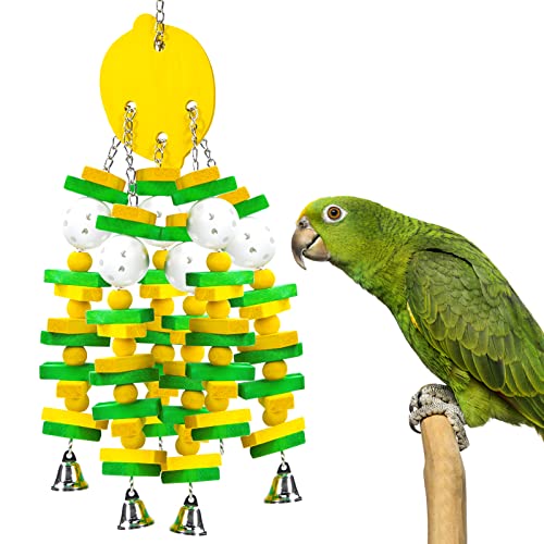 MEWTOGO Papageienspielzeug, sicheres, gesundes Papageienkäfig-Kauspielzeug mit bunten Holzblöcken, knackige Glocken für Aras, afrikanisches Grau und Amazonas-Papageien (Zitronen-Stil) von MEWTOGO