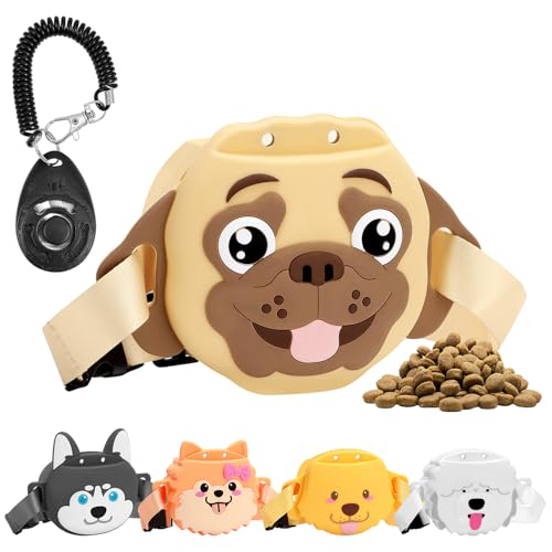 MEWTOGO Silikon-Leckerli-Tasche mit Trainings-Klicker – starker Magnetverschluss, 1,69 Tassen, tragbare Leckerli-Tasche mit Bund für Hundespaziergänge, Haustier-Training, Bulldogge, Khaki von MEWTOGO