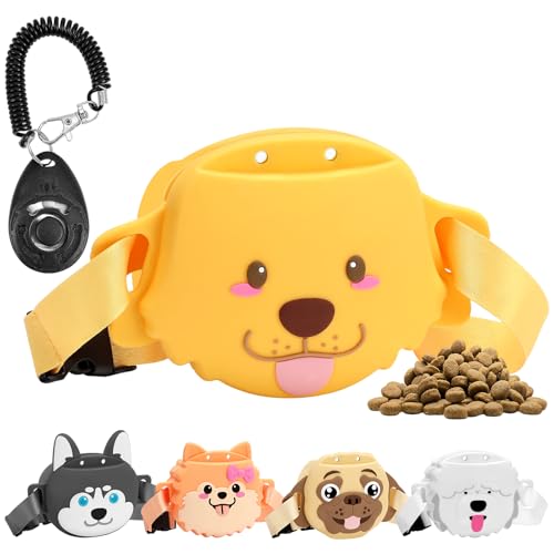 MEWTOGO Silikon-Leckerli-Tasche mit Trainings-Klicker – starker Magnetverschluss, 1,69 Tassen, tragbare Leckerli-Tasche mit Bund für Hundespaziergänge, Haustier-Training, Golden Retriever, Gelb von MEWTOGO