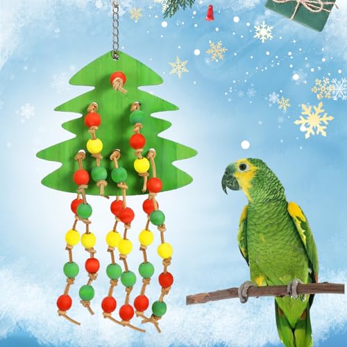 MEWTOGO Vogelspielzeug, Weihnachtsbaum-Form, Papageien-Spielzeug, natürliches Holz-Papageien-Käfig-Kauspielzeug mit bunten essbaren Perlen, Weihnachtsgeschenke für Nymphensittiche, Sittiche, Aras, von MEWTOGO