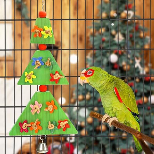 MEWTOGO Weihnachtsvogel Papageien Spielzeug, Natur Holz gestapelt Papageien Käfig Kauspielzeug mit Glocke und essbaren Perlen, Weihnachtsgeschenke für Nymphensittiche Sittiche Aras Afrikanische Graue von MEWTOGO