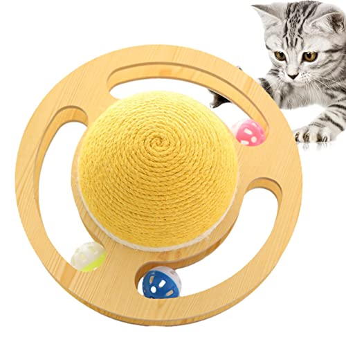 MFJS Katzen-Kratzball | Weltraum-Asteroid Sisal stimulierendes Katzenspielzeug – mit drei Glockenbällen Drehteller Orbit für Möbelschutz von MFJS