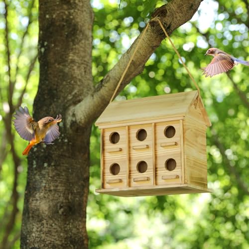 Vogelhäuser für draußen - Großes Vogelhaus für 6 Vogelfamilien Outdoor Vogelhaus für Bluebird Finken Kardinäle Vogelhäuser für draußen hängend Vogelhaus für Garten (Holz, 1er Set) von MFLHWS