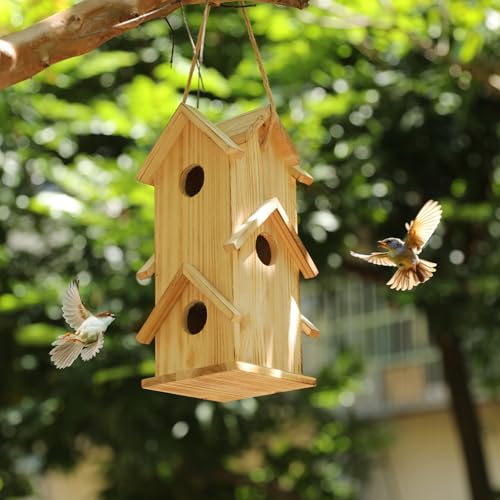 Vogelhaus für draußen, Vogelhäuser für den Außenbereich, großes Vogelhaus mit 3 Löchern, Kolibri-Haus (braun, Set-2) von MFLHWS