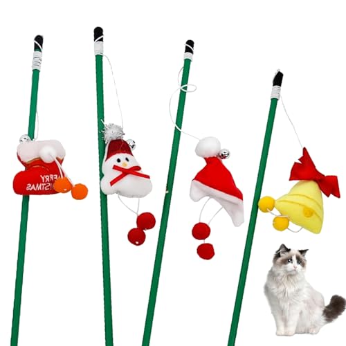 MFUOE 4 x Weihnachts-Katzenstab-Spielzeug, Weihnachtsdesign, interaktives Katzenspielzeug mit elastischem Seil für Indoor-Kätzchenfänger-Übung von MFUOE