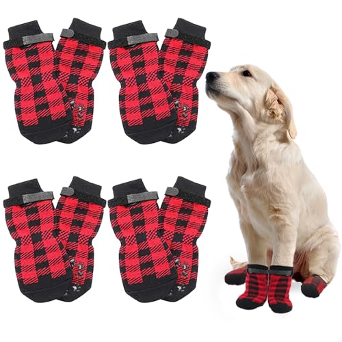 MHDUYEG Indoor Anti-Rutsch Socken für Hunde, 8 Stück Antirutschsocken Hund Klettverschluss, Anti-Rutsch-Socken Hunde, Hundesocken Anti Rutsch, Hundesocken für Innenbereich im Freien (Rot Kariert, M) von MHDUYEG