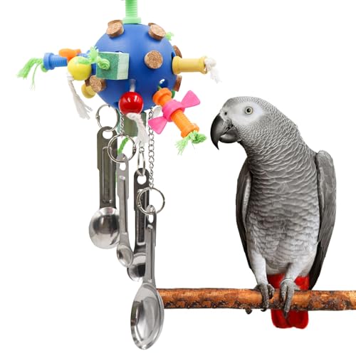 Vogelspielzeug für Spielplatz, Sittichspielzeug mit Kunststoffkugel, Holzdekor und Metalllöffeln zum Kauen, Vogelkäfigzubehör für afrikanische graue Wellensittiche, Nymphensittiche, Nymphensittiche, Vogelspielzeug für Spielplatz, Sittichspielzeug mit Kunststoffkugel, Holzdekor und Metalllöffeln zum Kauen, Vogelkäfigzubehör für afrikanische graue Wellensittiche, Nymphensittiche, Nymphensittiche, von MHLLGN