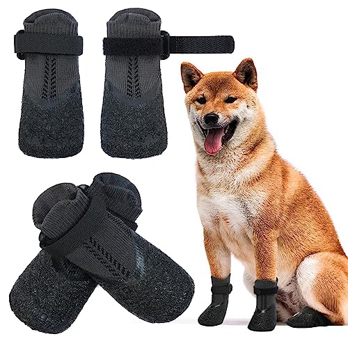 MHaustlie Anti-Rutsch Socken für Hunde, Pfotenschutz für Hunde mit Verstellbaren, Abnehmbaren Befestigungsbändern, Schützende Hundesocken für Drinnen und Draußen(L, Schwarz) von MHaustlie