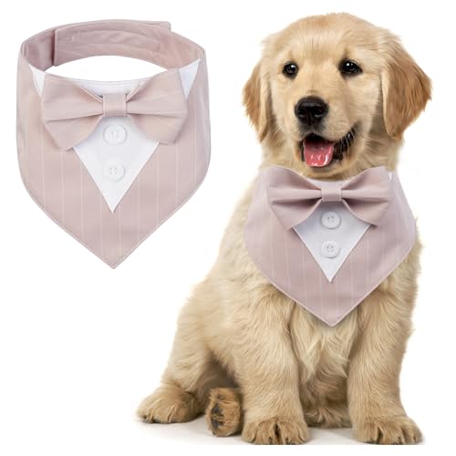 MHaustlie Dog Bandana Dog Formal Tuxedo Bandana Dog Wedding Bandana Adjustable Dog Neckerchief with Bow Tie Formal Tux Dog Bandana Dog Bowtie Bandana for Small Medium Large Dogs (S, Pinkstripe) von MHaustlie