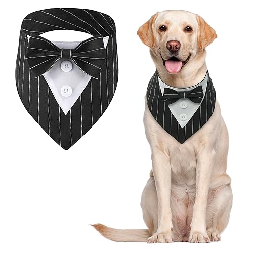 MHaustlie Hunde Smoking Bandana, Haustier Dreieck Schal, Formale Hochzeit Party Hundehalstuch, Verstellbar Krawatte Haustier Anzug Fliege Bandana für Hochzeit Geburtstag(L, SchwarzerStreifen) von MHaustlie
