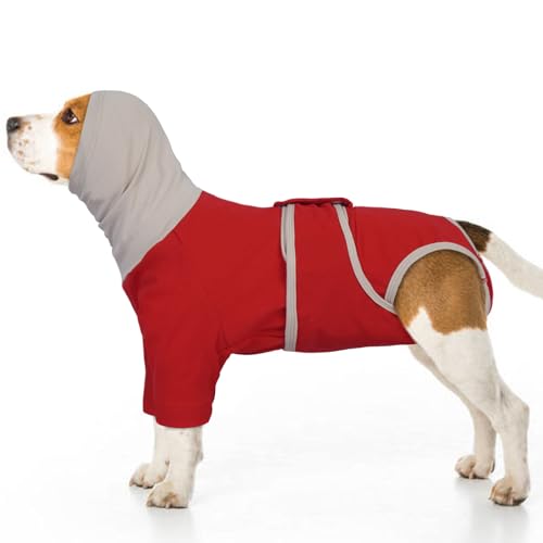 MHaustlie Hundemantel mit beruhigender Kapuze und Ohrenschutz Hund Erholung Anzug weiblich männlich Hunde mit Ohrenschützer Weich Hoodie Reduziert Geräusche 2 in 1 Hund Snood (Rot, M) von MHaustlie