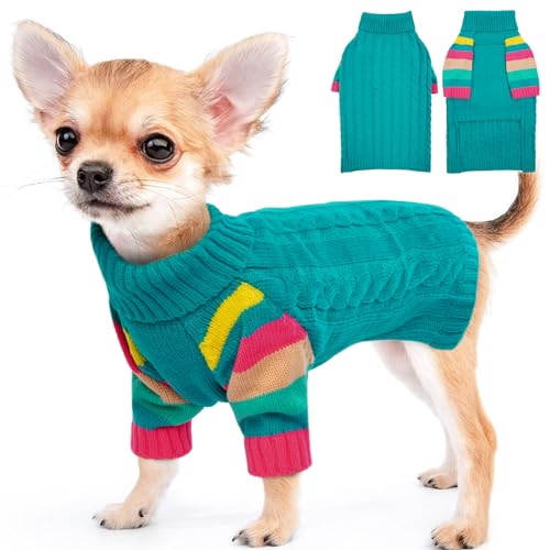 MHaustlie Kleiner Hundepullover, Warmer Hundesweater für kaltes Wetter, Strickwaren mit Rollkragen, Dicker Warmer Pullover, Hundesweater für Chihuahua, Bulldogge, Dackel, Mops, Yorkie (Blaugrün, S) von MHaustlie