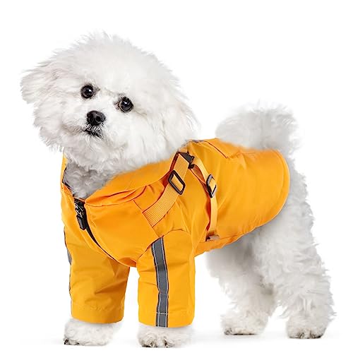 MHaustlie Hunderegenmantel für Kleine Hunde, Hunderegenmantel Wasserdicht mit Geschirr, Hunde Regenjacke Gefüttert, Hunde Regenmantel xs, Verstellbare Regenjacken für Kleine Hunde (XS, Gelb) von MHaustlie