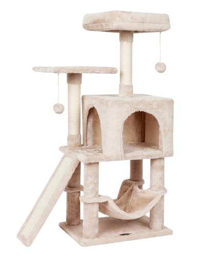 MIAO PAW 22Beige Niedlicher Katzenbaum für den Innenbereich, Katzenturm mit Kratzbaum, moderne Aktivitätshaus, Hängematte, Ball, Condo mit Brett von MIAO PAW