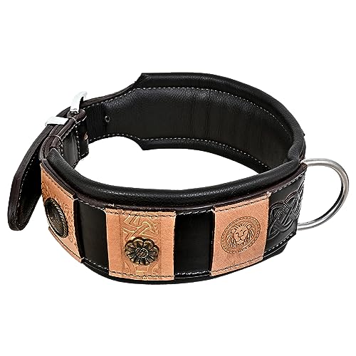 MICHUR Cesarius Hundehalsband Leder, Lederhalsband Hund, Halsband, Braun Schwarz mit Beige Akzenten und schönem Stanzmuster, Leder, in verschiedenen Größen erhältlich von MICHUR OUR WORLD OF PETS FINEST