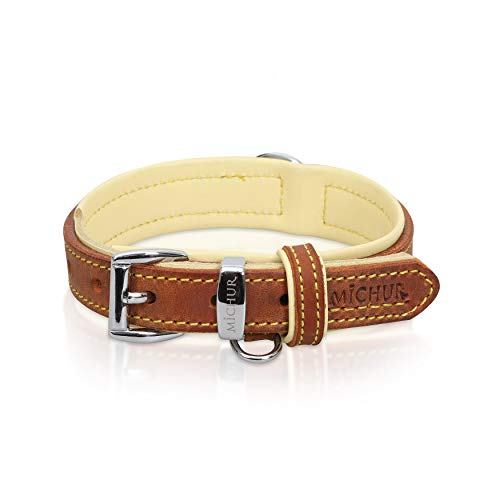 MICHUR Charly Hundehalsband Leder Braun Gelb, Lederhalsband Hund, Halsband, Leder, in verschiedenen Größen erhältlich von MICHUR OUR WORLD OF PETS FINEST