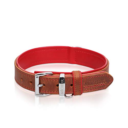 MICHUR Charly Hundehalsband Leder Braun Rot, Lederhalsband Hund, Halsband, Leder, in verschiedenen Größen erhältlich von MICHUR OUR WORLD OF PETS FINEST