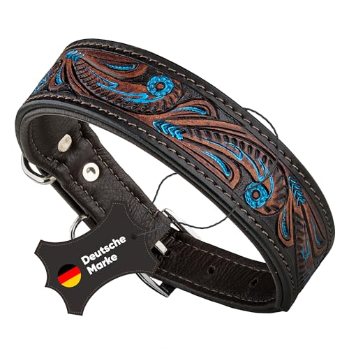 MICHUR Luis Hundehalsband Leder, Lederhalsband Hund, Halsband, Braun mit blauen Akzenten und schönem Stanzmuster, Leder, Halsumfang 33-38cm, Braun Blau von MICHUR OUR WORLD OF PETS FINEST
