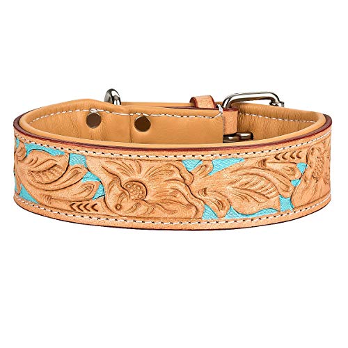 MICHUR Mariano Hundehalsband Leder, Lederhalsband Hund, Halsband, Beige Blau Braun, Leder, mit gestanzten blumigen Mustern, Halsumfang 41-49cm / Gesamtlänge 55cm von MICHUR OUR WORLD OF PETS FINEST