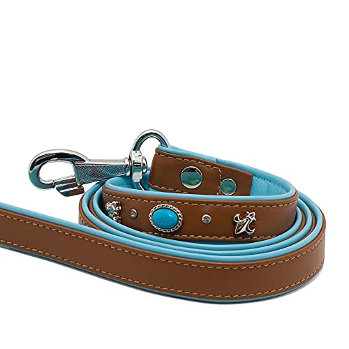 MICHUR Nizza Lagune Leine, Hundeleine Leder, Lederleine Hund, PASSEND ZUM Halsband Nizza, Brown Blau, Leder, mit Lilien,Strasssteinen und großem Kristall von MICHUR OUR WORLD OF PETS FINEST