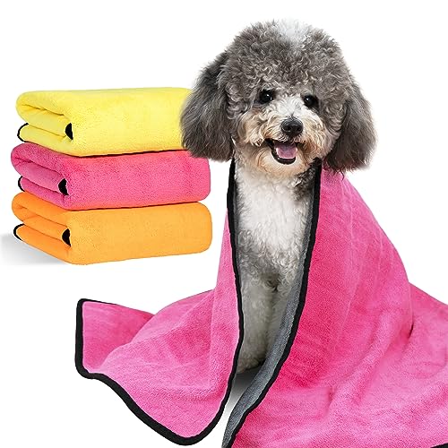MICOOYO 3 Stück Hundehandtücher zum Trocknen – super saugfähige Haustierpflege-Handtücher, schnell trocknende Hunde-Badetücher für Welpen, Katzen (gelb, rosa, orange, L) von MICOOYO