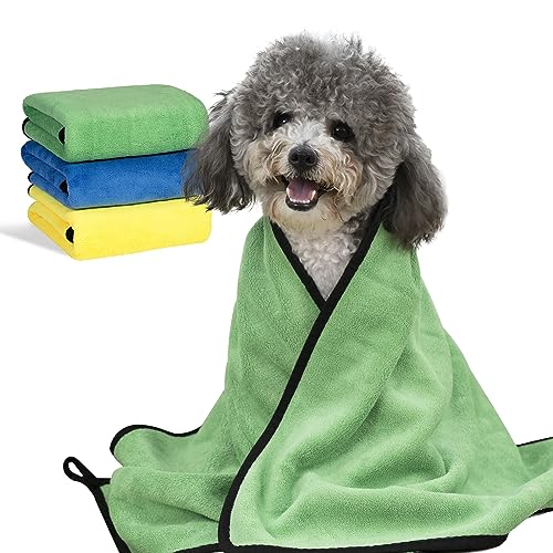 MICOOYO 3 Stück Hundehandtücher zum Trocknen – super saugfähige Haustierpflege-Handtücher, schnell trocknende Hunde-Badetücher für Welpen, Katzen (grün, blau, gelb, M) von MICOOYO
