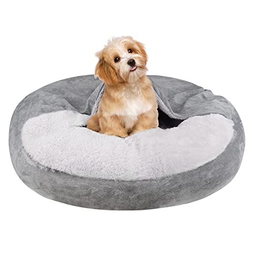 MICOOYO Beruhigendes Hundebett -Gemütliches Donut Hundedeckenbett für Hund, klemmendes Haustier Höhlenbett für Katzen Welpen (M, Grau) von MICOOYO