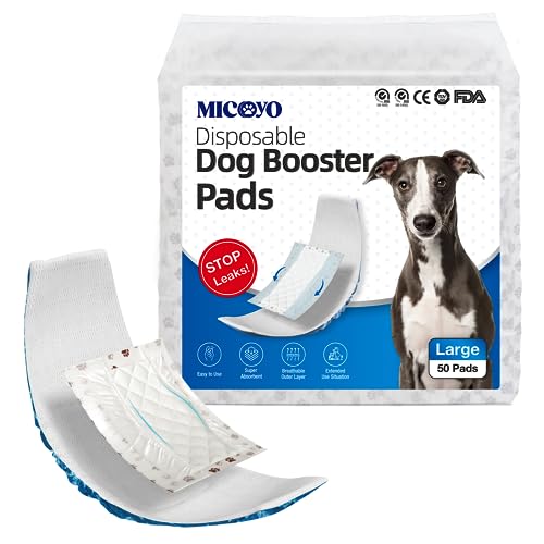 MICOOYO Einweg-Hundewindeleinlagen – Hunde-Booster-Pads für männliche und weibliche Hunde, super saugfähige Perioden-Hundeeinlagen, Pads passen für die meisten Hundewindeln (seitlicher auslaufsicherer Schutz, L-50) von MICOOYO