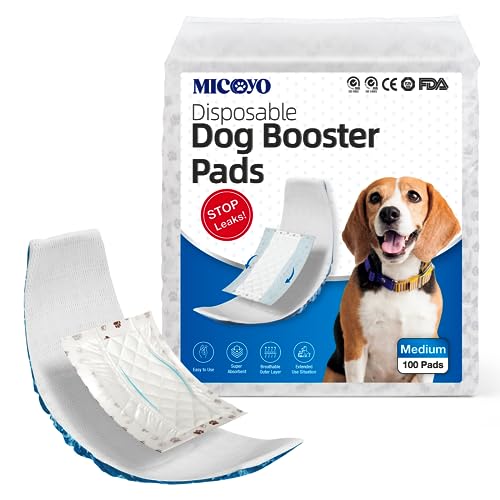 MICOOYO Einweg-Hundewindeleinlagen – Hunde-Booster-Pads für männliche und weibliche Hunde, super saugfähige Perioden-Hundeeinlagen, Pads passen für die meisten Hundewindeln (seitlicher auslaufsicherer Schutz, M-100) von MICOOYO