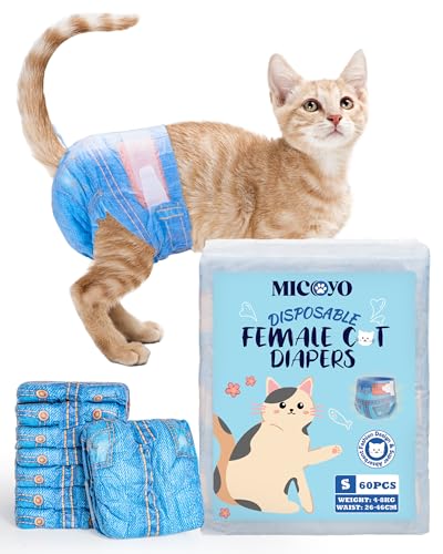 MICOOYO Einweg-Katzenwindeln, Katzenwindeln für weibliche Katzen, sehr dehnbar, super saugfähig, passend für Katzen mit Hitze oder Inkontinenz, 60 Stück, kleine Größe von MICOOYO