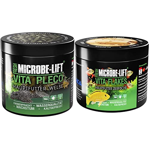 MICROBE-LIFT® - Vita Pleco | Granulat Welsfutter für Süßwasser Aquarium | fördert Farbenpracht und Wachstum vom Wels, 250ml & Vita Flakes - Alleinfutter für Fische in jedem Süßwasser Aquarium, 500 ml von MICROBE-LIFT