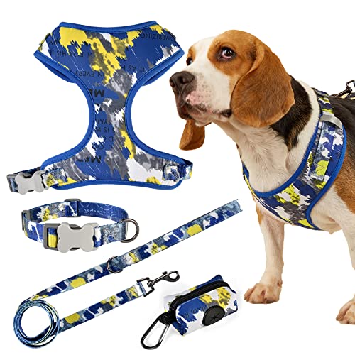 MIDEPET Hundegeschirr-Set für kleine, mittelgroße Hunde, verstellbares, reflektierendes Hundegeschirr mit mittelgroßem Hundehalsband und Leine, mit Kotbeutel (Medium) von MIDEPET