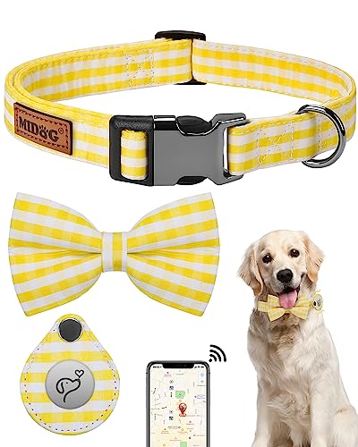 MIDOG Hundehalsband für große, kleine, mittelgroße Hunde mit AirTag-Halterhülle, verstellbares Training, weiches Nylon, Air-Tag-Haustierhalsband mit Schnellverschluss-Metallschnalle, gelbes Karo, von MIDOG