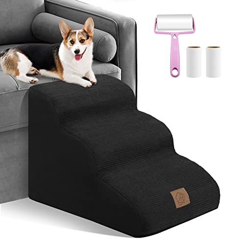 3-stufige Hundetreppe für Sofa und Bett, rutschfeste Schaumstoff-Hunderampe für kleine verletzte Hunde und Katzen, Haustierleiter mit abnehmbarem waschbarem Bezug, Send Lint Sticky Roller Set, Schwarz von MIDOUAUTOUK