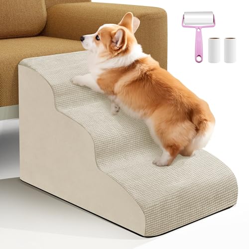 Hunderampe 3 Stufen für kleine Hunde und Katzen Strohgelb, Haustiertreppe für Sofa und Bett, rutschfeste Schaumstoff-Hundetreppe mit abnehmbarem waschbarem Bezug, Senden Fussel-Kleberoller-Set von MIDOUAUTOUK