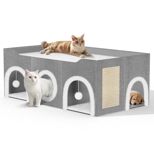 Katzenbetten mit 3 Eingängen für Indoor-Katzen, faltbares Katzenhaus für Indoor-Katzen, Kunstleinen, großes Katzenbett mit 2 Plüschbällen und Kratzbrett Katzenbetten mit 3 Eingängen für Indoor-Katzen, faltbares Katzenhaus für Indoor-Katzen, Kunstleinen, großes Katzenbett mit 2 Plüschbällen und Kratzbrett von MIDOUAUTOUK