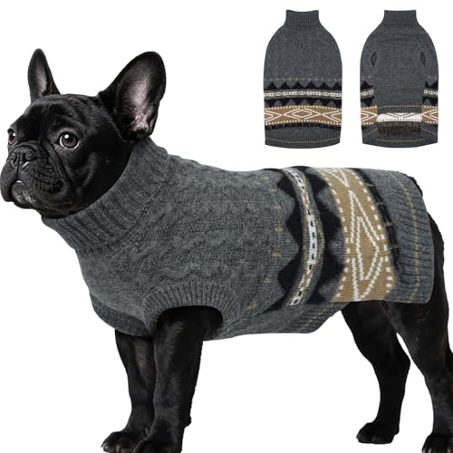 MIGOHI Bequemer Winter-Hundepullover, dehnbarer Zopfstrickpullover für mittelgroße Hunde mit Rollkragen für kalte Tage, stilvolles Fair-Isle-Muster für Hunde, Französische Bulldogge, Grau, Größe L von MIGOHI