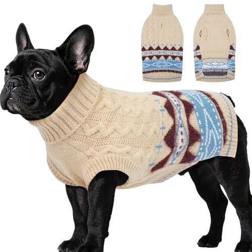 MIGOHI Bequemer Winter-Hundepullover, dehnbarer Zopfstrickpullover für mittelgroße Hunde mit Rollkragen für kalte Tage, stilvolles Fair-Isle-Muster für Hunde, Französische Bulldogge, Hellbeige, Größe MIGOHI Bequemer Winter-Hundepullover, dehnbarer Zopfstrickpullover für mittelgroße Hunde mit Rollkragen für kalte Tage, stilvolles Fair-Isle-Muster für Hunde, Französische Bulldogge, Hellbeige, Größe von MIGOHI