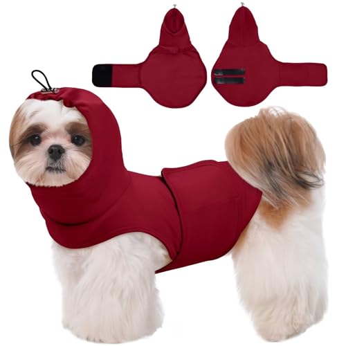MIGOHI Hunde-Angstlinderung Hoodie für kleine Hunde, leichte Angstweste mit Ohrenschutz für Jungen und Mädchen, atmungsaktiv, für Feuerwerk, Reisen, Trennung, blinkende Lichter, S, Rot MIGOHI Hunde-Angstlinderung Hoodie für kleine Hunde, leichte Angstweste mit Ohrenschutz für Jungen und Mädchen, atmungsaktiv, für Feuerwerk, Reisen, Trennung, blinkende Lichter, S, Rot von MIGOHI