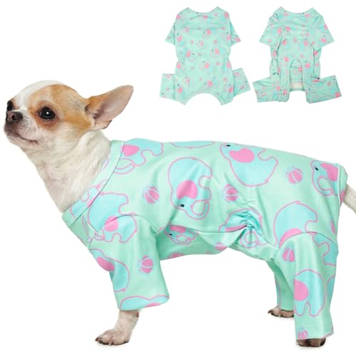 MIGOHI Hunde-Pyjama für kleine Hunde, langärmelig, Welpen-Einteiler, Größe XXS, weiches und warmes Hunde-Outfit mit Aufdruck, leicht anzuziehen, Haus-Nachtwäsche, Blaugrün von MIGOHI
