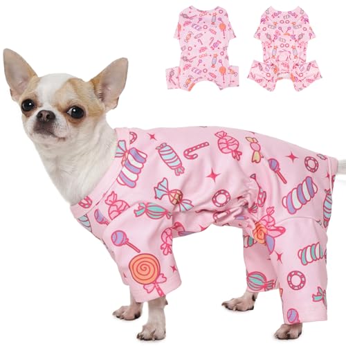 MIGOHI Hunde-Pyjama für kleine Hunde, langärmelig, Welpen-Einteiler, Größe XXS, weiches und warmes Hunde-Outfit mit Aufdruck, leicht anzuziehen, Haus-Nachtwäsche, Rosa von MIGOHI