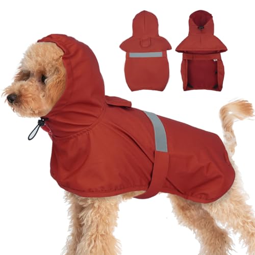 MIGOHI Reflektierender Hunde-Regenmantel für kleine Hunde, Rot, Größe S, wasserdicht, verstellbar, mit Kapuze, Regenjacke mit Loch für die Leine, leicht zu reinigen, regnerisches Gehen im Freien von MIGOHI