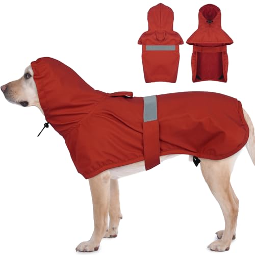 MIGOHI Regenjacke mit Kapuze für Hunde, Rot, Größe XL, verstellbare Kapuze und Hinterbeingurte, Hunde-Regenmantel, reflektierender Riemen für nächtliche Spaziergänge, Outdoor-Abenteuer von MIGOHI