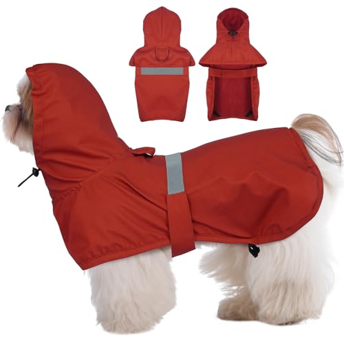 MIGOHI Wasserdichter Regenmantel für Hunde, Rot, M - Outdoor Hunderegenmantel mit Kapuze, winddicht & atmungsaktiv, reflektierende Streifen für Sicherheit, nasse Stadtstraße, tägliche von MIGOHI