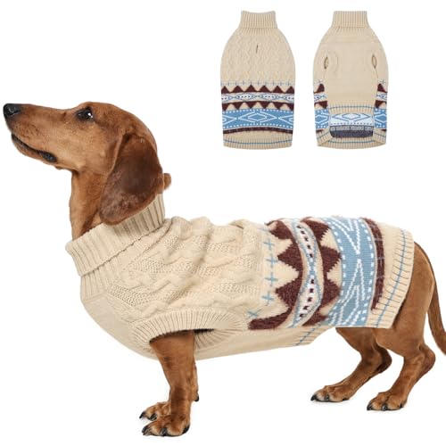 MIGOHI Weihnachtspullover für kleine Hunde, bezaubernder und atmungsaktiver ärmelloser Hunde-Strickpullover für den Urlaub, warm, dick, für den Winter, Herbst, Dackel, Hellbeige, Größe M von MIGOHI