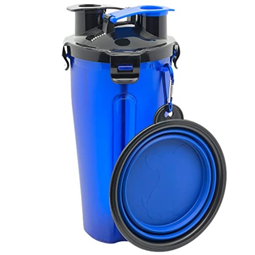 Hundefutterbecher für Unterwegs, mit 2 separaten Kammern für Wasser & Trockenfutter und mit extra Silikon-Faltschüssel, 800ml Hunde-Flasche Haustier-Trinkflasche tragbar (Blau) von MIJOMA